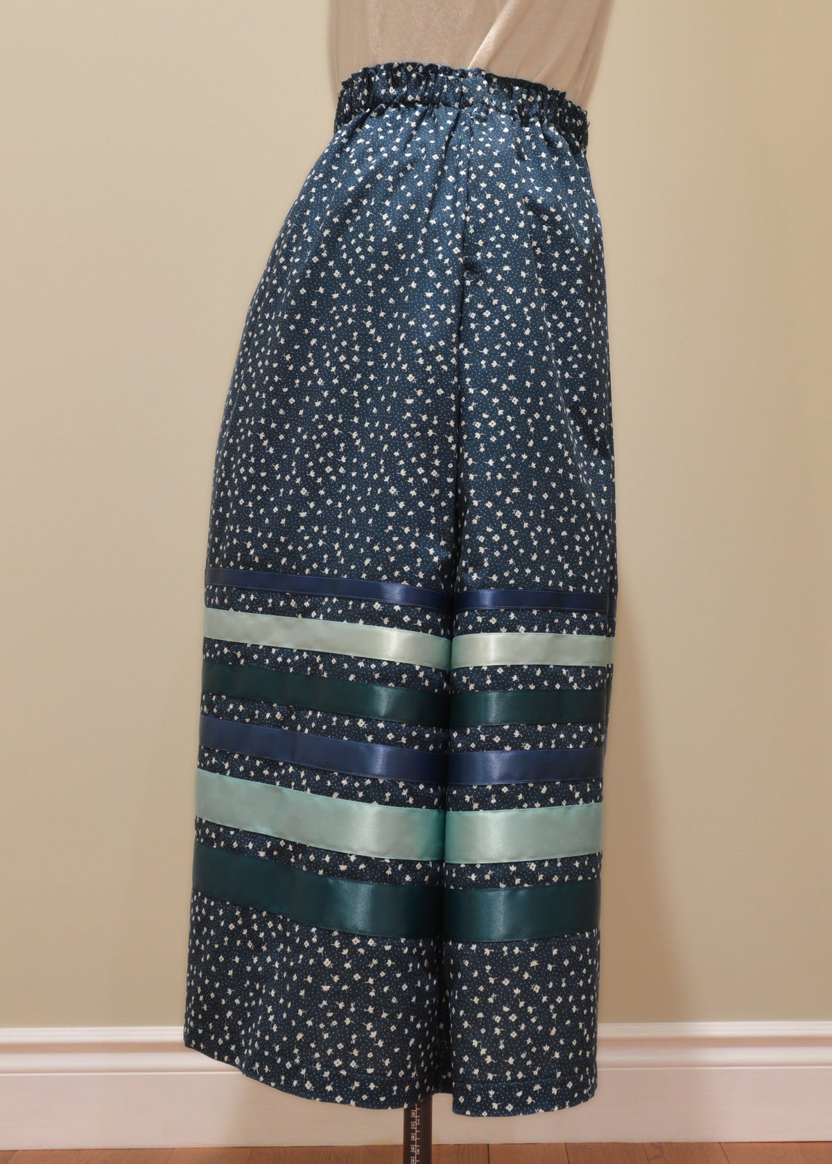 Blue and White Floral Ribbon Skirt
