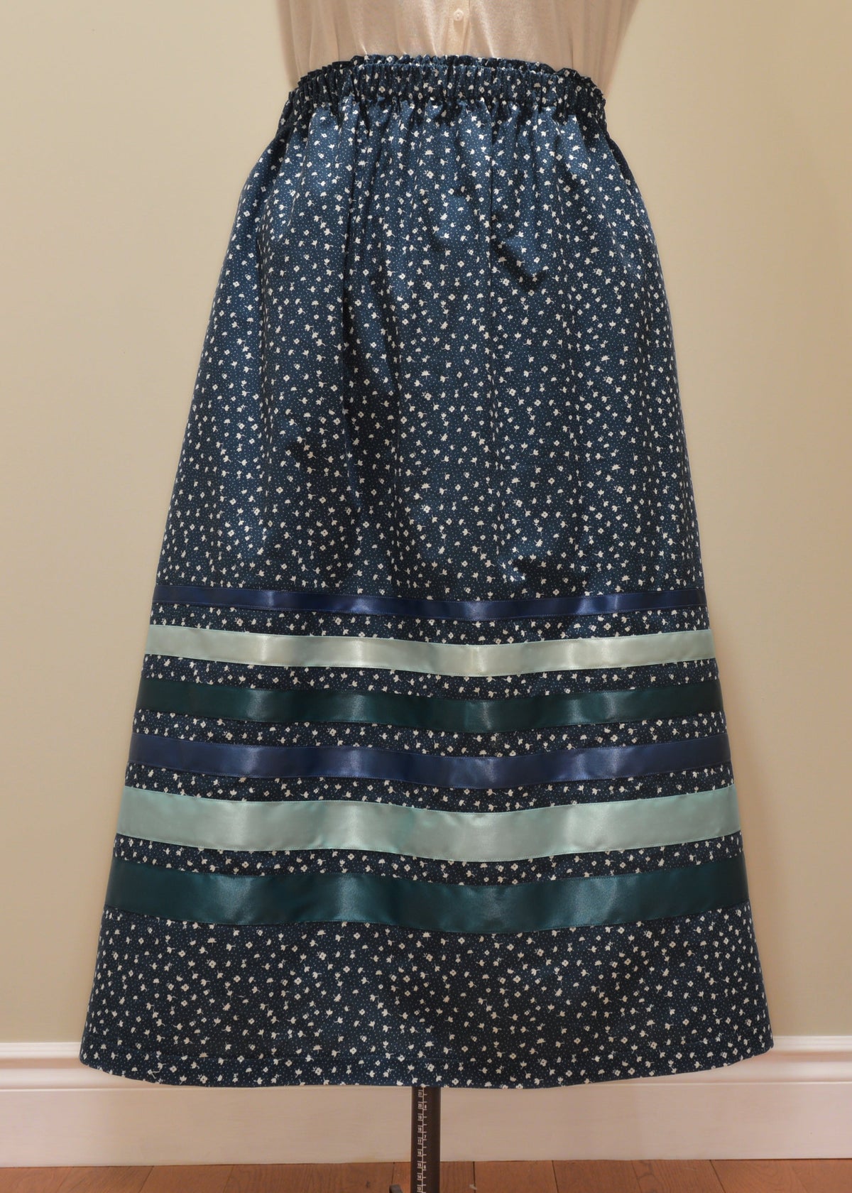 Blue and White Floral Ribbon Skirt